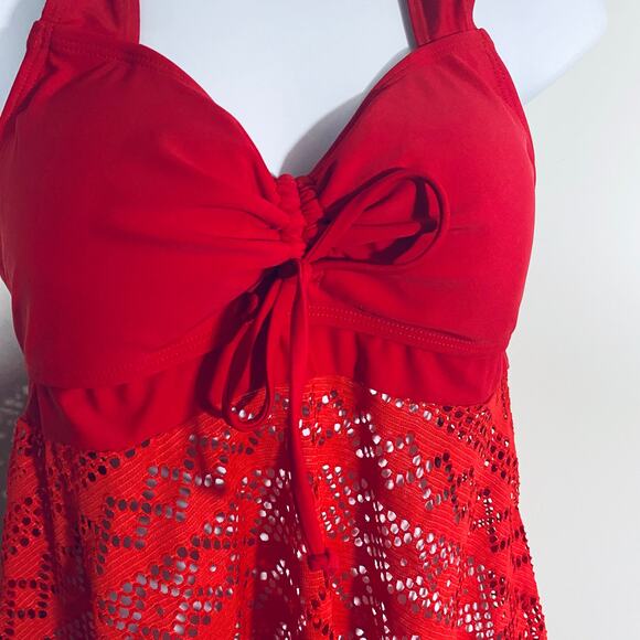 SuperPrity NWT Red Crochet Lace Tankini Top Crossover Back Flattering Sz L - Picture 3 of 11